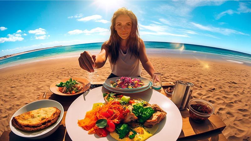 Mujer comiendo durante sus vacaciones