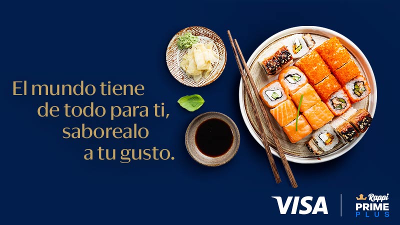 Plato de sushi + logo de Visa ocmbinado con Rappi Prime Plus 